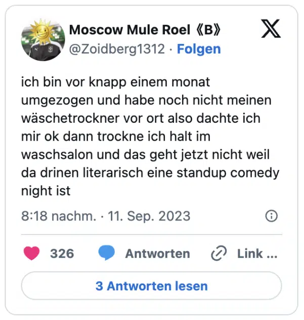 ich bin vor knapp einem monat umgezogen und habe noch nicht meinen wäschetrockner vor ort also dachte ich mir ok dann trockne ich halt im waschsalon und das geht jetzt nicht weil da drinen literarisch eine standup comedy night ist