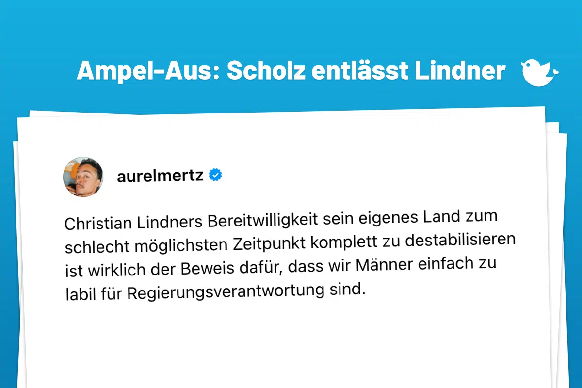 Christian Lindners Bereitwilligkeit sein eigenes Land zum schlecht möglichsten Zeitpunkt komplett zu destabilisieren ist wirklich der Beweis dafür, dass wir Männer einfach zu labil für Regierungsverantwortung sind.