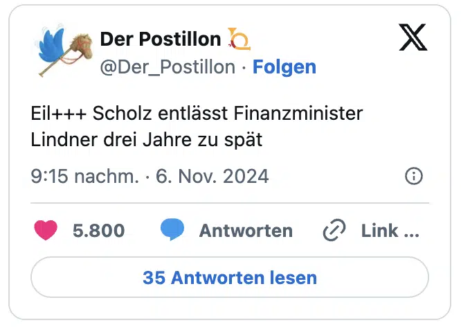 Eil+++ Scholz entlässt Finanzminister Lindner drei Jahre zu spät
— Der Postillon 📯 (@Der_Postillon)
