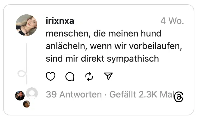 menschen, die meinen hund anlächeln, wenn wir vorbeilaufen, sind mir direkt sympathisch