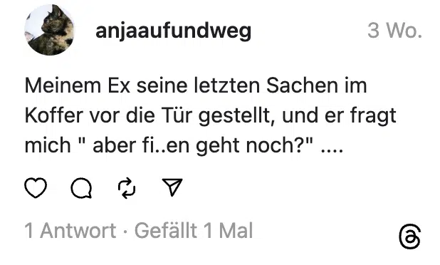 Meinem Ex seine letzten Sachen im Koffer vor die Tür gestellt, und er fragt mich " aber fi..en geht noch?" ....