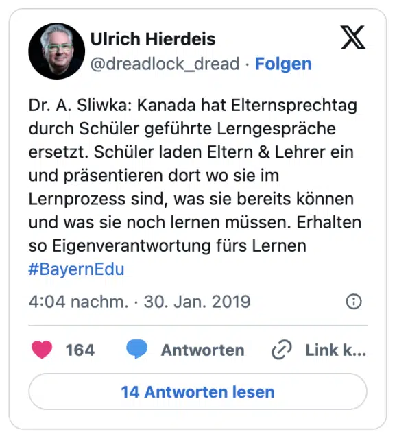 Dr. A. Sliwka: Kanada hat Elternsprechtag durch Schüler geführte Lerngespräche ersetzt. Schüler laden Eltern & Lehrer ein und präsentieren dort wo sie im Lernprozess sind, was sie bereits können und was sie noch lernen müssen. Erhalten so Eigenverantwortung fürs Lernen #BayernEdu
