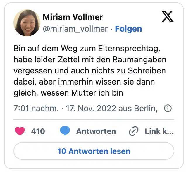 Bin auf dem Weg zum Elternsprechtag, habe leider Zettel mit den Raumangaben vergessen und auch nichts zu Schreiben dabei, aber immerhin wissen sie dann gleich, wessen Mutter ich bin