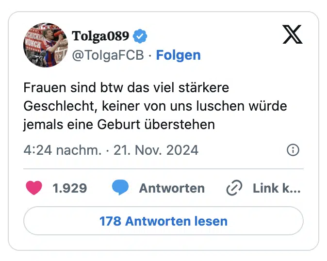 Frauen sind btw das viel stärkere Geschlecht, keiner von uns luschen würde jemals eine Geburt überstehen
