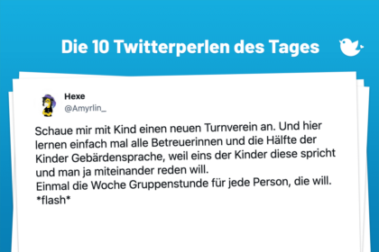Schaue mir mit Kind einen neuen Turnverein an. Und hier lernen einfach mal alle Betreuerinnen und die Hälfte der Kinder Gebärdensprache, weil eins der Kinder diese spricht und man ja miteinander reden will. Einmal die Woche Gruppenstunde für jede Person, die will. *flash*