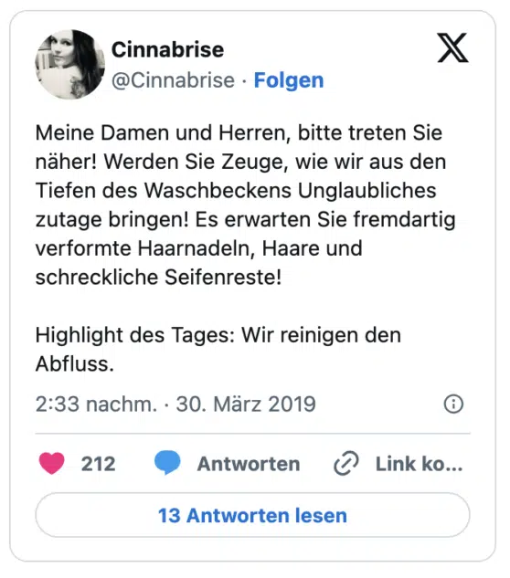 Meine Damen und Herren, bitte treten Sie näher! Werden Sie Zeuge, wie wir aus den Tiefen des Waschbeckens Unglaubliches zutage bringen! Es erwarten Sie fremdartig verformte Haarnadeln, Haare und schreckliche Seifenreste!

Highlight des Tages: Wir reinigen den Abfluss.