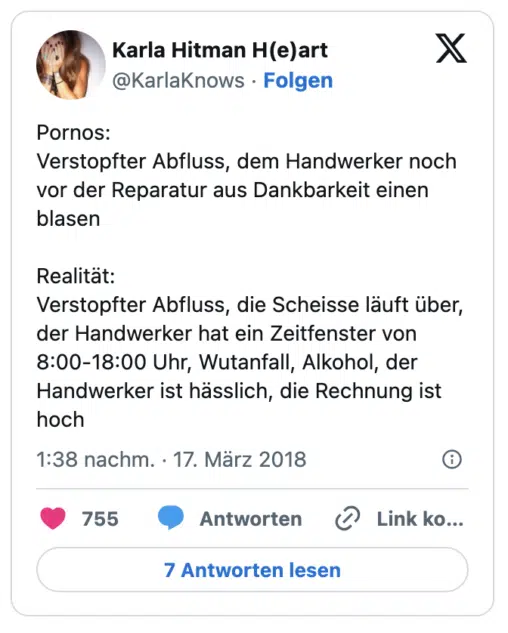 Pornos:
Verstopfter Abfluss, dem Handwerker noch vor der Reparatur aus Dankbarkeit einen blasen 

Realität:
Verstopfter Abfluss, die Scheisse läuft über, der Handwerker hat ein Zeitfenster von 8:00-18:00 Uhr, Wutanfall, Alkohol, der Handwerker ist hässlich, die Rechnung ist hoch