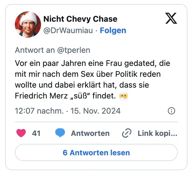 Vor ein paar Jahren eine Frau gedated, die mit mir nach dem Sex über Politik reden wollte und dabei erklärt hat, dass sie Friedrich Merz „süß“ findet. 😶‍🌫️