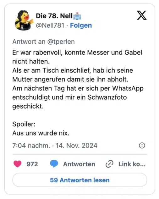 Er war rabenvoll, konnte Messer und Gabel nicht halten.
Als er am Tisch einschlief, hab ich seine Mutter angerufen damit sie ihn abholt.
Am nächsten Tag hat er sich per WhatsApp entschuldigt und mir ein Schwanzfoto geschickt. 

Spoiler:
Aus uns wurde nix.