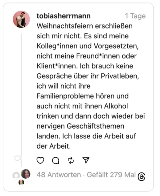 Ich fahre von einer Weihnachtsfeier zur nächsten, das ist anstrengender als jede Arbeitswoche. Ich fühl mich wie ein Mastschwein..
