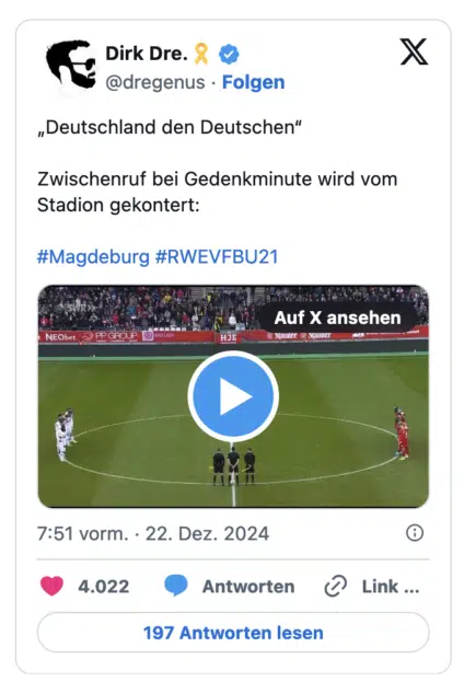 "Deutschland den Deutschen" Zwischenruf bei Gedenkminute wird vom Stadion gekontert: