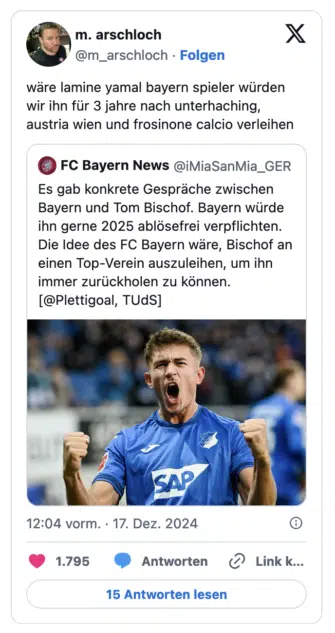 Folgen wäre lamine yamal bayern spieler würden wir ihn für 3 jahre nach unterhaching, austria wien und frosinone calcio verleihen FC Bayern News @iMiaSanMia_GER Es gab konkrete Gespräche zwischen Bayern und Tom Bischof. Bayern würde ihn gerne 2025 ablösefrei verpflichten. Die Idee des FC Bayern wäre, Bischof an einen Top-Verein auszuleihen, um ihn immer zurückholen zu können