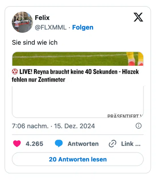 Sie sind wie ich LIVE! Reyna braucht keine 40 Sekunden - Hlozek fehlen nur Zentimeter