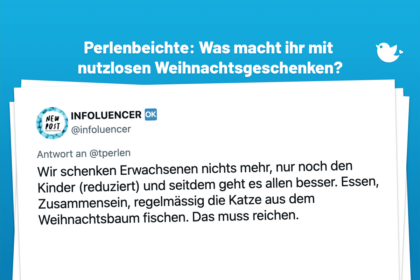Wir schenken Erwachsenen nichts mehr, nur noch den Kinder (reduziert) und seitdem geht es allen besser. Essen, Zusammensein, regelmässig die Katze aus dem Weihnachtsbaum fischen. Das muss reichen.