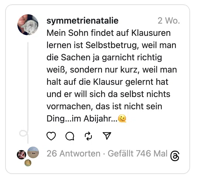 Mein Sohn findet auf Klausuren lernen ist Selbstbetrug, weil man die Sachen ja garnicht richtig weiß, sondern nur kurz, weil man halt auf die Klausur gelernt hat und er will sich da selbst nichts vormachen, das ist nicht sein Ding…im Abijahr…🫠
