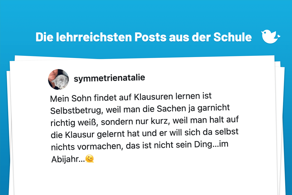 Mein Sohn findet auf Klausuren lernen ist Selbstbetrug, weil man die Sachen ja garnicht richtig weiß, sondern nur kurz, weil man halt auf die Klausur gelernt hat und er will sich da selbst nichts vormachen, das ist nicht sein Ding…im Abijahr…🫠