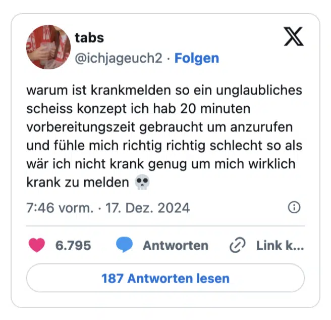 warum ist krankmelden so ein unglaubliches scheiss konzept ich hab 20 minuten vorbereitungszeit gebraucht um anzurufen und fühle mich richtig richtig schlecht so als wär ich nicht krank genug um mich wirklich krank zu melden •