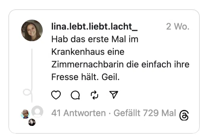 Hab das erste Mal im Krankenhaus eine Zimmernachbarin die einfach ihre Fresse hält. Geil.