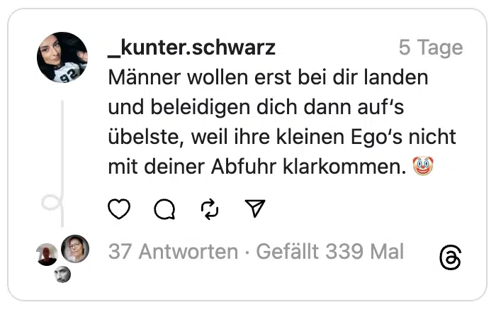 Männer wollen erst bei dir landen und beleidigen dich dann auf‘s übelste, weil ihre kleinen Ego‘s nicht mit deiner Abfuhr klarkommen. 🤡