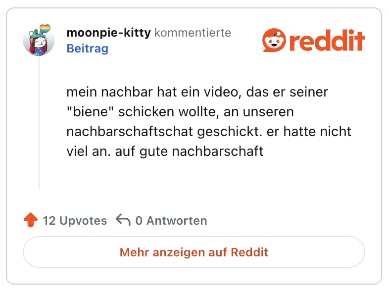 mein nachbar hat ein video, das er seiner "biene" schicken wollte, an unseren nachbarschaftschat geschickt. er hatte nicht viel an. auf gute nachbarschaft