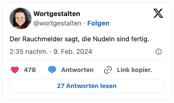 Der Rauchmelder sagt, die Nudeln sind fertig.