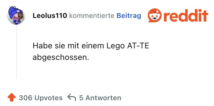 Habe sie mit einem Lego AT-TE abgeschossen.