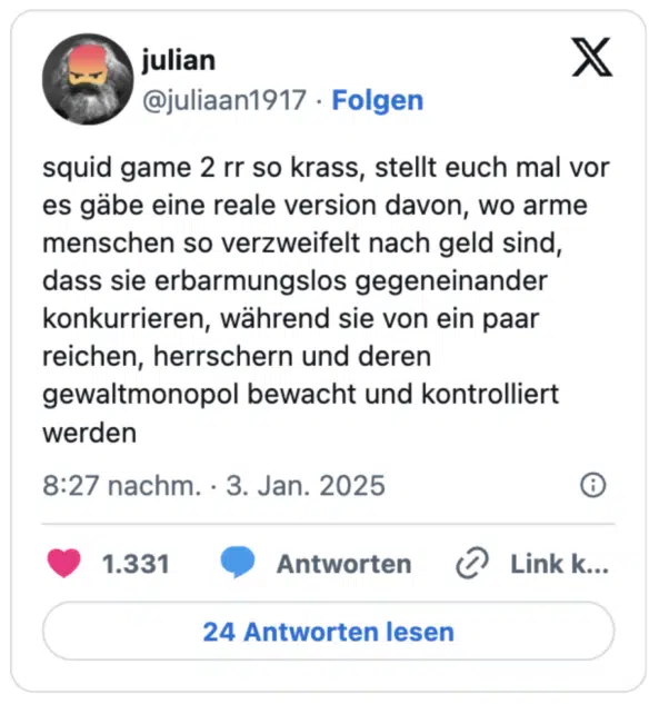 squid game 2 rr so krass, stellt euch mal vor es gäbe eine reale version davon, wo arme menschen so verzweifelt nach geld sind, dass sie erbarmungslos gegeneinander konkurrieren, während sie von ein paar reichen, herrschern und deren gewaltmonopol bewacht und kontrolliert werden