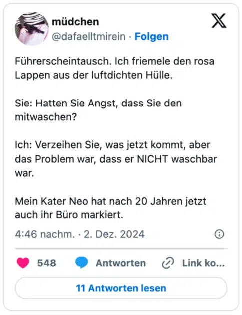 Führerscheintausch. Ich friemele den rosa Lappen aus der luftdichten Hülle. 

Sie: Hatten Sie Angst, dass Sie den mitwaschen?

Ich: Verzeihen Sie, was jetzt kommt, aber das Problem war, dass er NICHT waschbar war.

Mein Kater Neo hat nach 20 Jahren jetzt auch ihr Büro markiert.