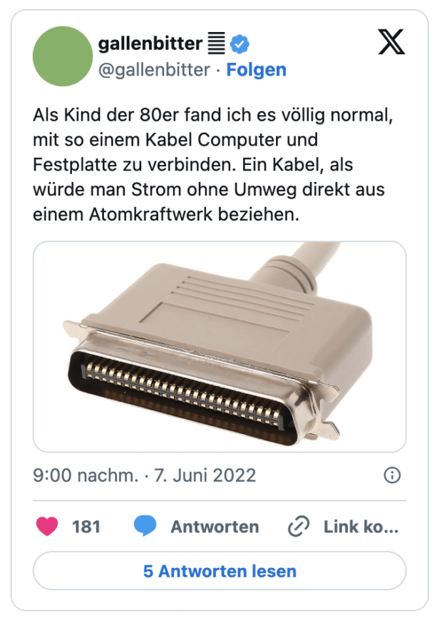Als Kind der 80er fand ich es völlig normal, mit so einem Kabel Computer und Festplatte zu verbinden. Ein Kabel, als würde man Strom ohne Umweg direkt aus einem Atomkraftwerk beziehen.
