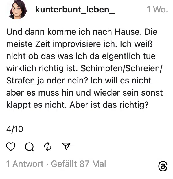 Und dann komme ich nach Hause. Die meiste Zeit improvisiere ich. Ich weiß nicht ob das was ich da eigentlich tue wirklich richtig ist. Schimpfen/Schreien/ Strafen ja oder nein? Ich will es nicht aber es muss hin und wieder sein sonst klappt es nicht. Aber ist das richtig? 4/10