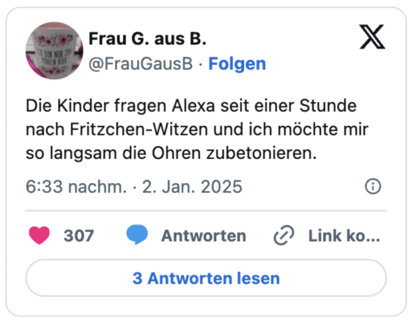 Die Kinder fragen Alexa seit einer Stunde nach Fritzchen-Witzen und ich möchte mir so langsam die Ohren zubetonieren.