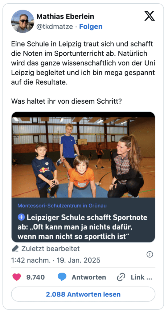 Eine Schule in Leipzig traut sich und schafft die Noten im Sportunterricht ab. Natürlich wird das ganze wissenschaftlich von der Uni Leipzig begleitet und ich bin mega gespannt auf die Resultate.

Was haltet ihr von diesem Schritt?