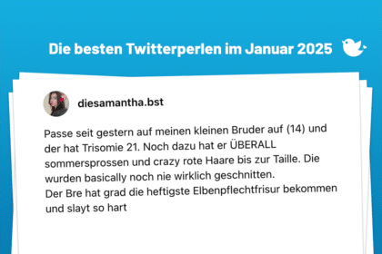 Passe seit gestern auf meinen kleinen Bruder auf (14) und der hat Trisomie 21. Noch dazu hat er ÜBERALL sommersprossen und crazy rote Haare bis zur Taille. Die wurden basically noch nie wirklich geschnitten. Der Bre hat grad die heftigste Elbenpflechtfrisur bekommen und slayt so hart
