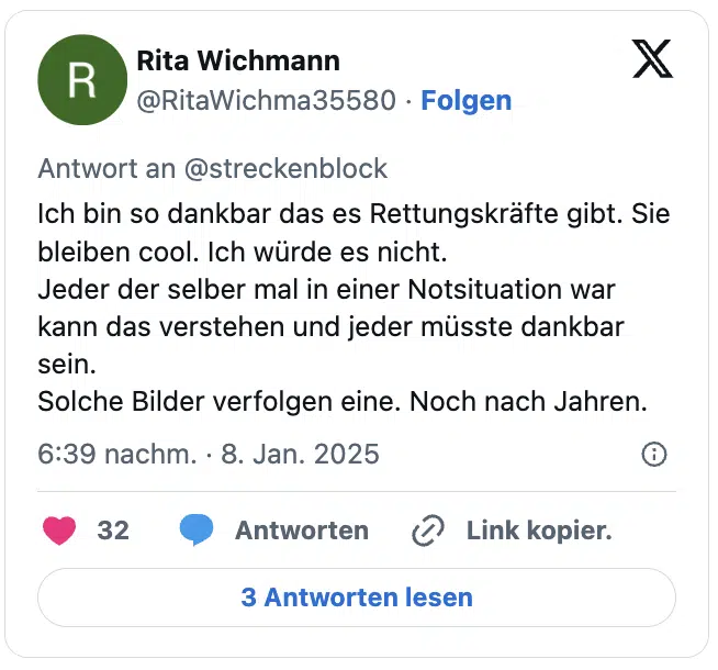 Ich bin so dankbar das es Rettungskräfte gibt. Sie bleiben cool. Ich würde es nicht.
Jeder der selber mal in einer Notsituation war kann das verstehen und jeder müsste dankbar sein.
Solche Bilder verfolgen eine. Noch nach Jahren.