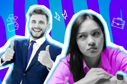 Humorvolle Collage zum Thema Vorstellungsgespräche und Job-Fails: Auf der linken Seite steht ein übertrieben enthusiastisch lächelnder Mann in Schwarz-Weiß, der einen blauen Anzug mit passender Krawatte trägt und motiviert beide Daumen nach oben streckt. Auf der rechten Seite sitzt eine Frau in Schwarz-Weiß, die völlig genervt, skeptisch und resigniert zur Seite blickt. Sie trägt eine leuchtend pinke Bluse. Weiße Icons (eine Brieftasche mit Geldscheinen, ein Aktenkoffer, Blitze) sowie das Pop-Art-Motiv vor einem markanten blau-violetten Wellen-Hintergrund visualisieren pointiert die unangenehmen Momente, völlig deplatzierten Fragen und den puren Fremdscham-Faktor, wenn im Jobinterview mal wieder alles schiefgeht.