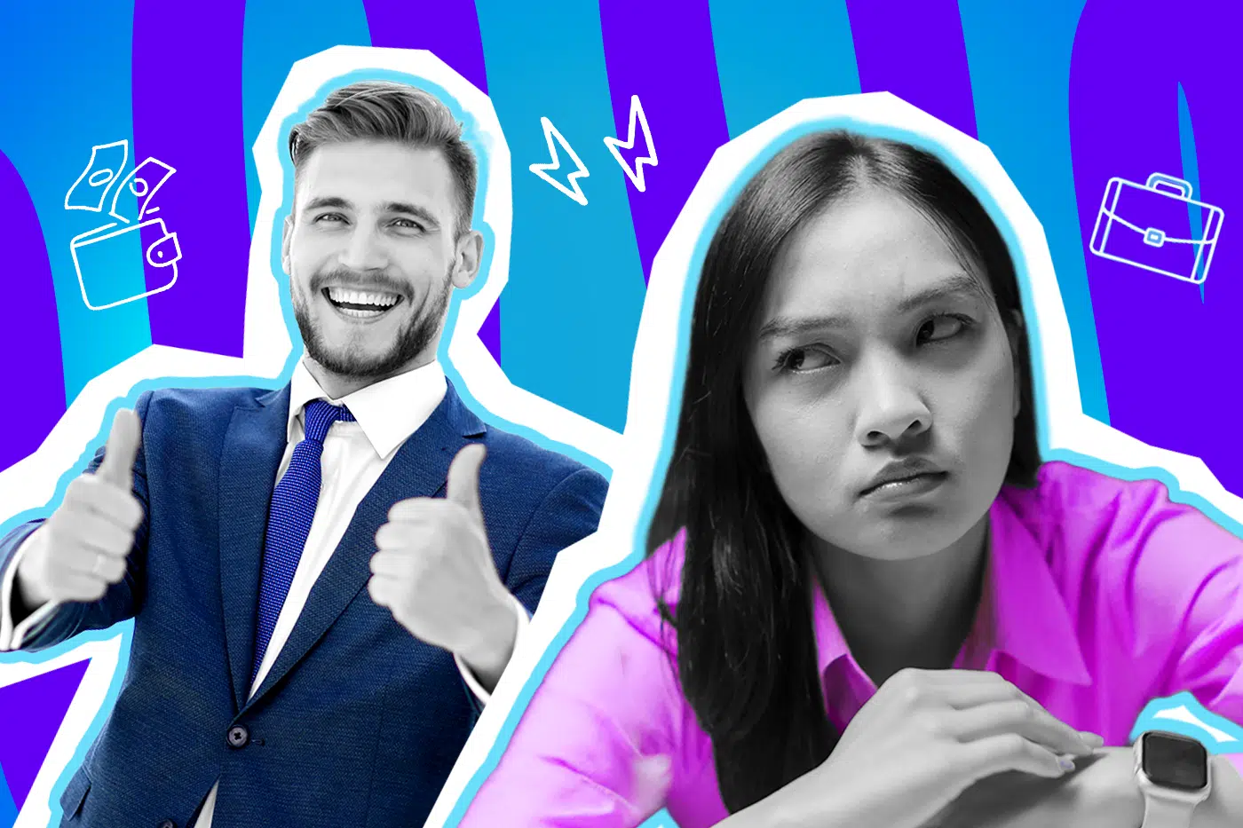 Humorvolle Collage zum Thema Vorstellungsgespräche und Job-Fails: Auf der linken Seite steht ein übertrieben enthusiastisch lächelnder Mann in Schwarz-Weiß, der einen blauen Anzug mit passender Krawatte trägt und motiviert beide Daumen nach oben streckt. Auf der rechten Seite sitzt eine Frau in Schwarz-Weiß, die völlig genervt, skeptisch und resigniert zur Seite blickt. Sie trägt eine leuchtend pinke Bluse. Weiße Icons (eine Brieftasche mit Geldscheinen, ein Aktenkoffer, Blitze) sowie das Pop-Art-Motiv vor einem markanten blau-violetten Wellen-Hintergrund visualisieren pointiert die unangenehmen Momente, völlig deplatzierten Fragen und den puren Fremdscham-Faktor, wenn im Jobinterview mal wieder alles schiefgeht.