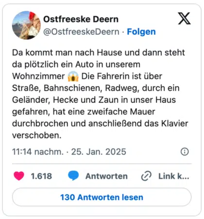 Da kommt man nach Hause und dann steht da plötzlich ein Auto in unserem Wohnzimmer 😱 Die Fahrerin ist über Straße, Bahnschienen, Radweg, durch ein Geländer, Hecke und Zaun in unser Haus gefahren, hat eine zweifache Mauer durchbrochen und anschließend das Klavier verschoben.