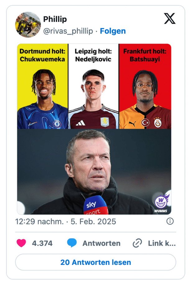 Dortmund holt: Chukwuemeka Leipzig holt: Nedeljkovic sky nort 12:29 nachm. • 5. Feb. 2025 4.374 Antworten 20 Antworten lesen Frankfurt holt: Batshuayi