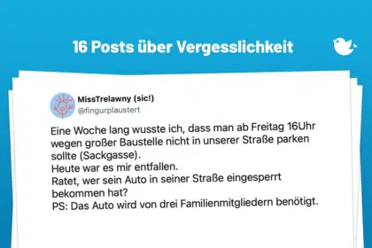 Eine Woche lang wusste ich, dass man ab Freitag 16Uhr wegen großer Baustelle nicht in unserer Straße parken sollte (Sackgasse). Heute war es mir entfallen. Ratet, wer sein Auto in seiner Straße eingesperrt bekommen hat? PS: Das Auto wird von drei Familienmitgliedern benötigt.