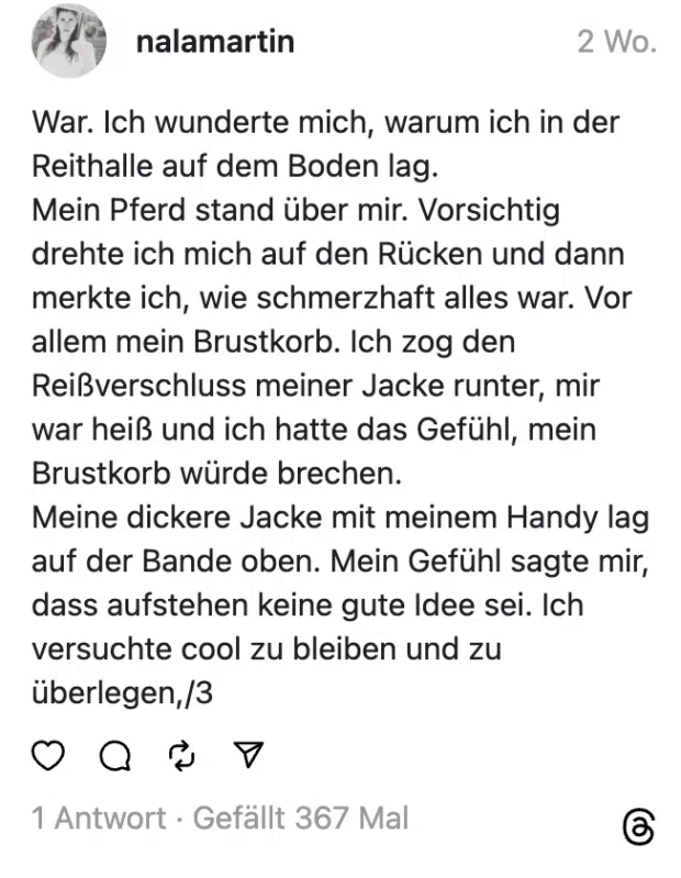 War. Ich wunderte mich, warum ich in der Reithalle auf dem Boden lag.
Mein Pferd stand über mir. Vorsichtig drehte ich mich auf den Rücken und dann merkte ich, wie schmerzhaft alles war. Vor allem mein Brustkorb. Ich zog den Reißverschluss meiner Jacke runter, mir war heiß und ich hatte das Gefühl, mein Brustkorb würde brechen.
Meine dickere Jacke mit meinem Handy lag auf der Bande oben. Mein Gefühl sagte mir, dass aufstehen keine gute Idee sei. Ich versuchte cool zu bleiben und zu überlegen,/3