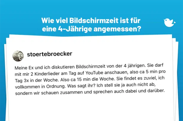 Meine Ex und ich diskutieren Bildschirmzeit von der 4 jährigen. Sie darf mit mir 2 Kinderlieder am Tag auf YouTube anschauen, also ca 5 min pro Tag 3x in der Woche. Also ca 15 min die Woche. Sie findet es zuviel, ich vollkommen in Ordnung. Was sagt ihr? Ich stell sie ja auch nicht ab, sondern wir schauen zusammen und sprechen auch dabei und darüber.