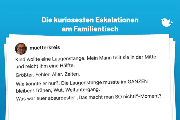 Es(s)kalation vorprogrammiert: Das Kind wollte eine Laugenstange: Kind wollte eine Laugenstange. Mein Mann teilt sie in der Mitte und reicht ihm eine Hälfte. Größter. Fehler. Aller. Zeiten. Wie konnte er nur?! Die Laugenstange musste im GANZEN bleiben! Tränen, Wut, Weltuntergang. Ich frage mich ernsthaft: Gibt es irgendwo ein geheimes Regelbuch, das nur Kinder kennen und wir Eltern ständig brechen? Was war euer absurdester „Das macht man SO nicht!“-Moment?