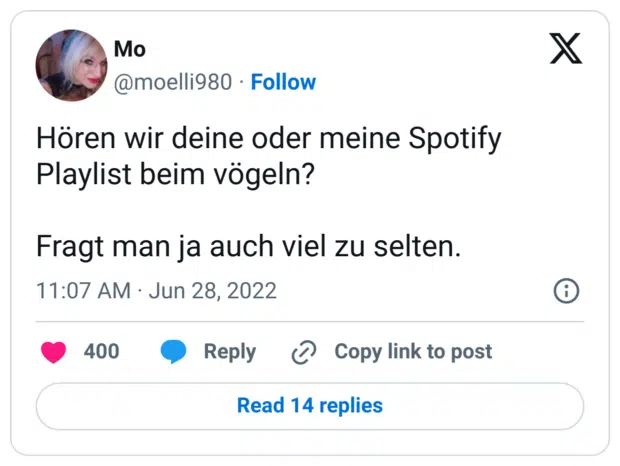 Hören wir deine oder meine Spotify Playlist beim vögeln?

Fragt man ja auch viel zu selten.
