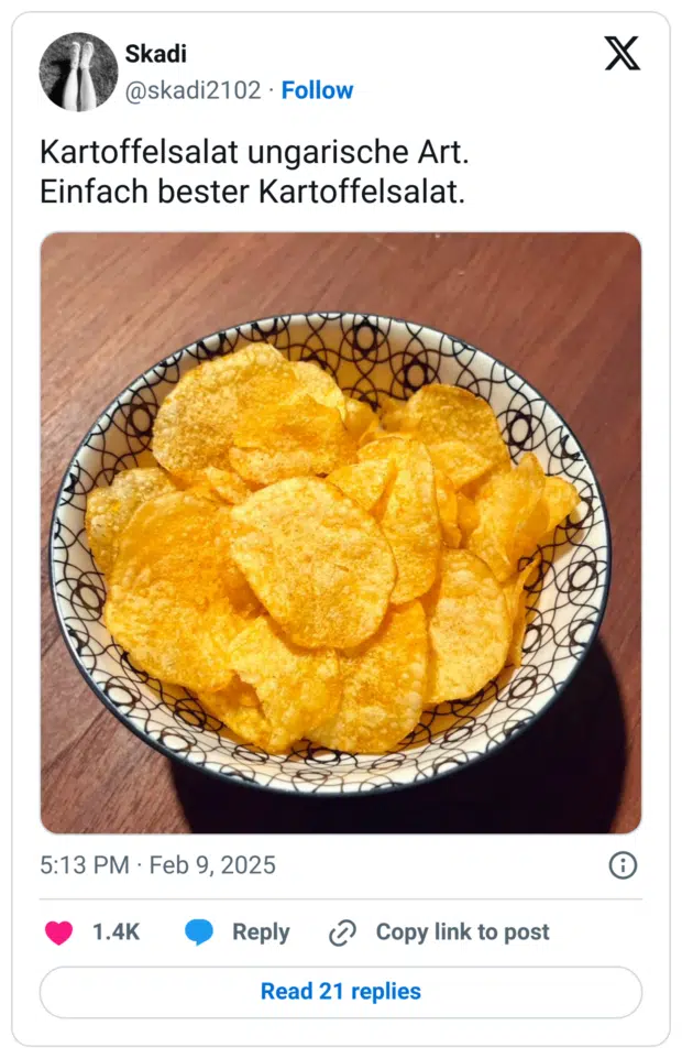 Kartoffelsalat ungarische Art. 
Einfach bester Kartoffelsalat.
