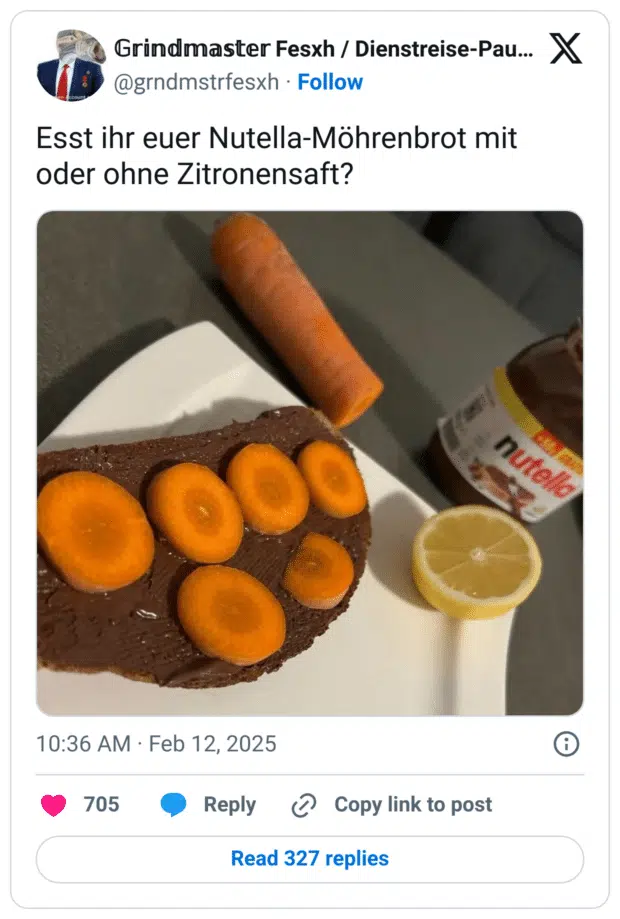 Esst ihr euer Nutella-Möhrenbrot mit oder ohne Zitronensaft?