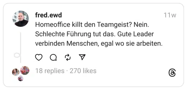 Homeoffice killt den Teamgeist? Nein. Schlechte Führung tut das. Gute Leader verbinden Menschen, egal wo sie arbeiten.
