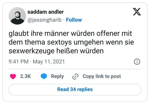 glaubt ihre männer würden offener mit dem thema sextoys umgehen wenn sie sexwerkzeuge heißen würden
