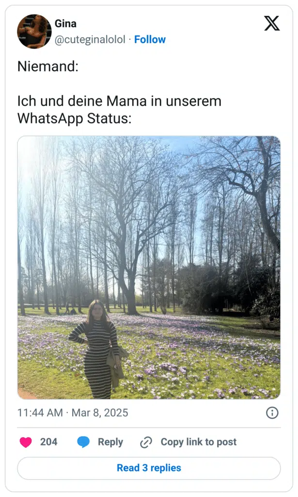 Niemand: 

Ich und deine Mama in unserem WhatsApp Status: