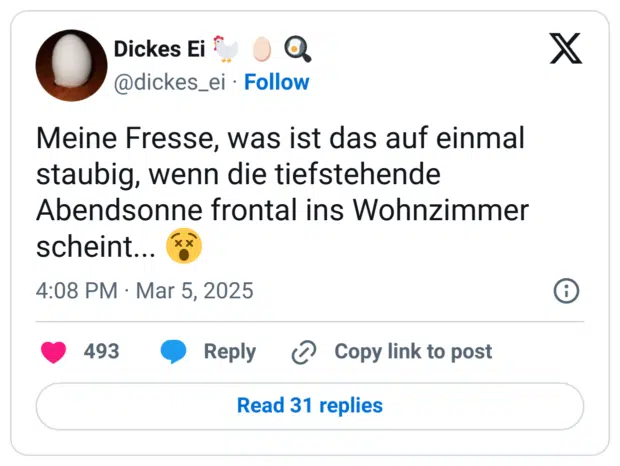 Meine Fresse, was ist das auf einmal staubig, wenn die tiefstehende Abendsonne frontal ins Wohnzimmer scheint... 😵
