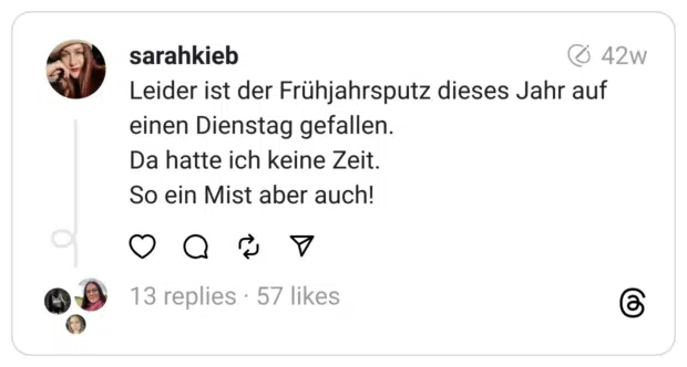 Leider ist der Frühjahrsputz dieses Jahr auf einen Dienstag gefallen.
Da hatte ich keine Zeit.
So ein Mist aber auch!